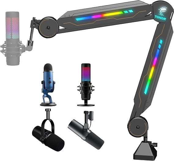 RGB Boom Arm, TONOR Adjustable Mic Stand with RGB Light, 5/8 Screwadapter, Excellent Compatibility, Rotatable Suspension Boom Scissor Stand for Gaming Streaming Podcasting YouTube Recording T90