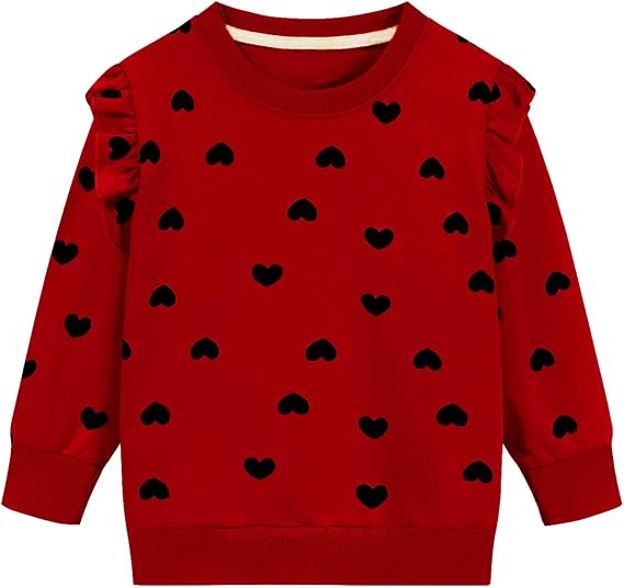 DDSOL Toddler Girls Sweatshirts Valentine Sweatshirt Crewneck Ruffle Long Sleeve Kids Girls Heart Shirts Tops 2-7 Years