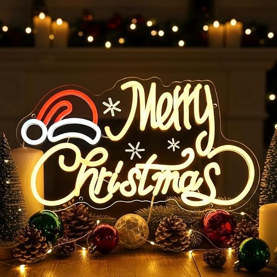 Neon Sign with Santa Hat, 16x9 In Xmas Led Neon Sign USB Powered Merry Christmas Neon Light Up Sign for Home Wall Decor Kids New Year Party Backdrop