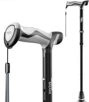HEALTHBAZAAR Walking Cane for Men & Women, Foldable Cane with Shock Absorption - Adjustable, Lightweight Collapsible Walking Stick for Seniors & Adults, Comfort Grip Handle, Heavy Duty All Terrain Tip