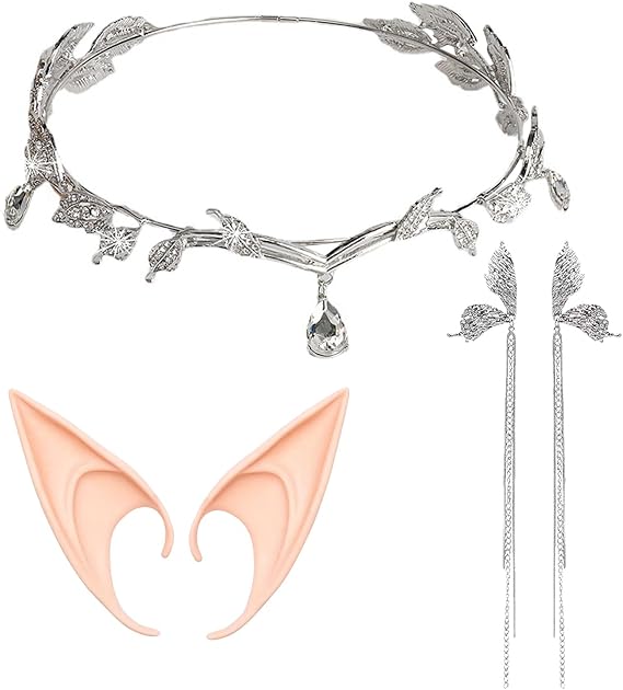 Set of 3 Crystal Princess Elven Headpiece with Large Elf Ears Adult & Silver Angel Wing Earrings, Fairy Crown Tiara Head Jewelry for Elf Costume Women Cosplay Renaissance Halloween