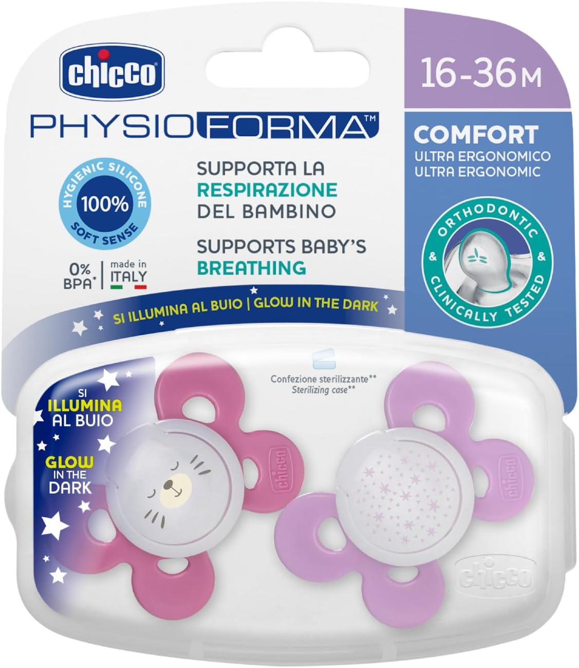 Chicco PhysioForma Comfort Silicone Pacifier 16-36 Months, 2-Piece, Pink