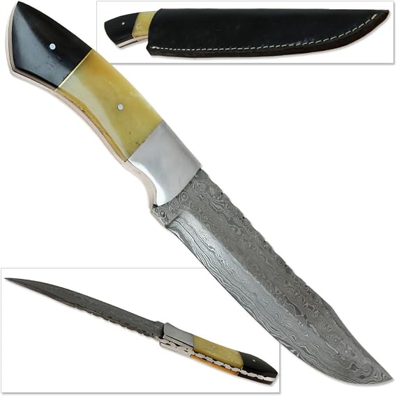 Rebel Wolf 1095 Handmade Damascus Steel Forged Knife Bone Wood Handle