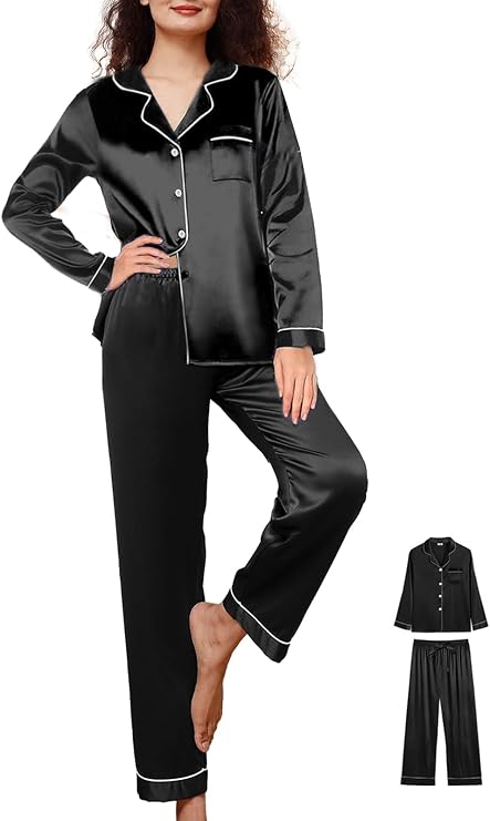 WJing Yi Jia Womens Satin Pajamas Set 2Pcs Silk Pajama Long Sets XS-3XL Silky Long Pj Sets Sleepwear Stripes Pjs Loungewear