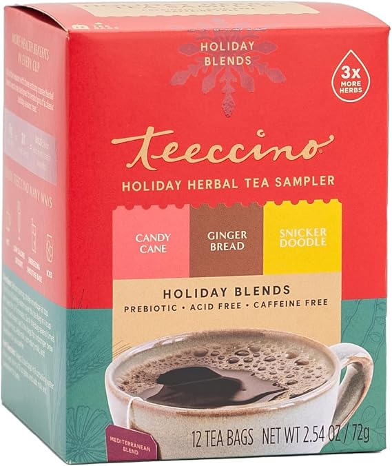 Teeccino Holiday Herbal Tea Sampler Assortment - Candy Cane, Gingerbread, Snickerdoodle - Caffeine-Free Holiday Dessert Teas with Prebiotic Chicory, 12 Tea Bags