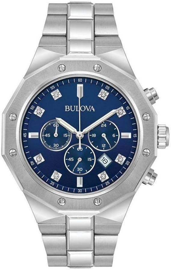 Bulova Men's Classic Diamond 6-Hand Chronograph Quartz Watch, Calendar Date, Luminous Markers, 100M Water Resistant, 44mm