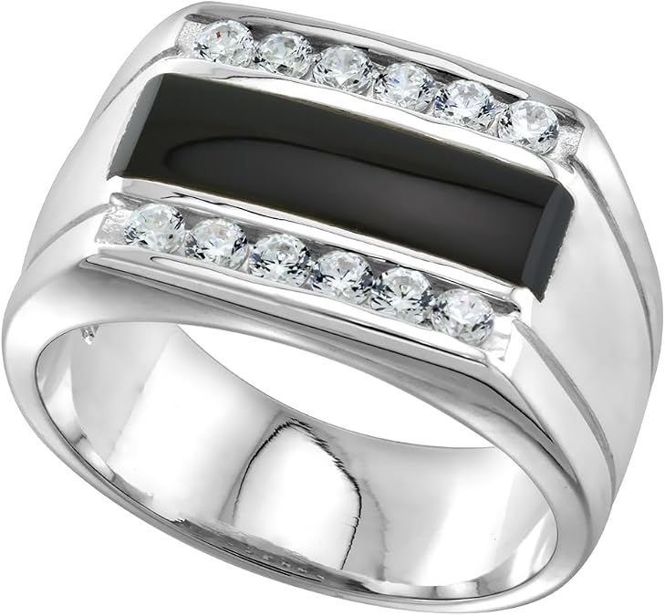 Sterling Silver Mens Rectangular Black Onyx Ring 2 Grooves CZ Accent 1/2 inch wide sizes 8-13
