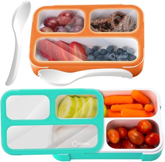 kinsho Snack Container Boxes for Kids Toddlers, 2 Pack Teal Blue & Orange