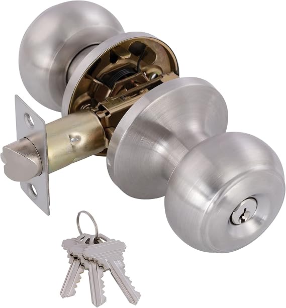 Door Knobs Interior Keyed Difference Entry Front Bedroom Doorknobs with Lock Flat Ball Handle Lock Sets in Satin Nickel