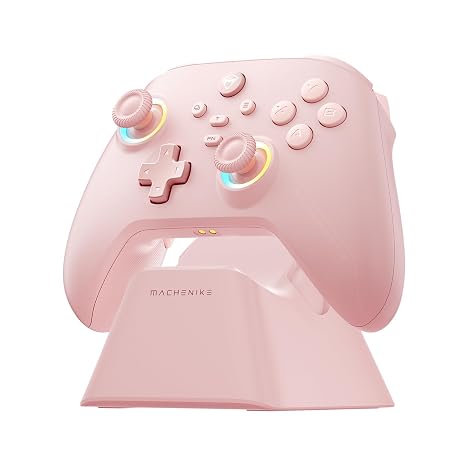 Machenike G3V2 Bluetooth Controller for Pc/Switch/Ios/Android, Hall Effect Joysticks, RGB Lighting Gaming Controller,2 Programmable Buttons,1000mah Battery With Charging Station, Pink