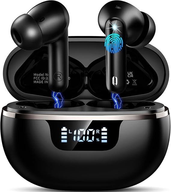 Wireless Earbuds, Bluetooth 5.4 Headphones Deep Bass Stereo, in-Ear Earphones with 4 ENC Mics, 45H Playtime LED Display Mini Charging Case Ear Buds, IP7 Waterproof Wireless Headphones for Android iOS
