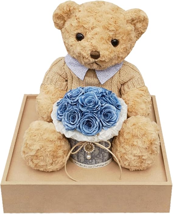 JoyFlower Preserved Flowers Cute Teddy Bear, Eternal Real Roses Romantic Gift with Acrylic Cover for Girlfriend Wife Mom Women Her in Valentine's, Birthday, Christmas, Weddings, Anniversaries(Blue)