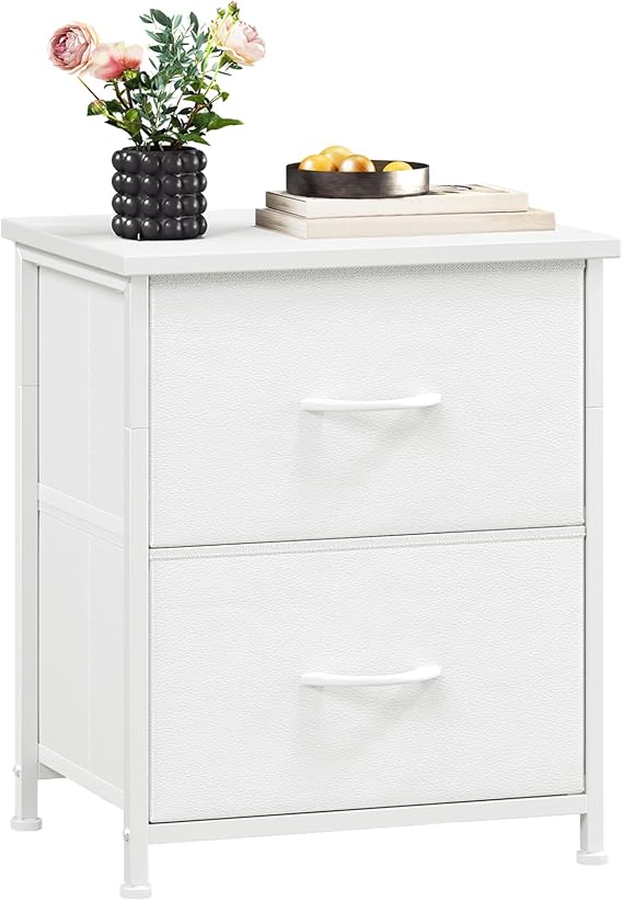 Somdot White Bedside Table, Bedroom Bedside Cabinet with 2 Fabric Drawers, Nightstand Side Table for Kids Living Room Dorm, White Leather