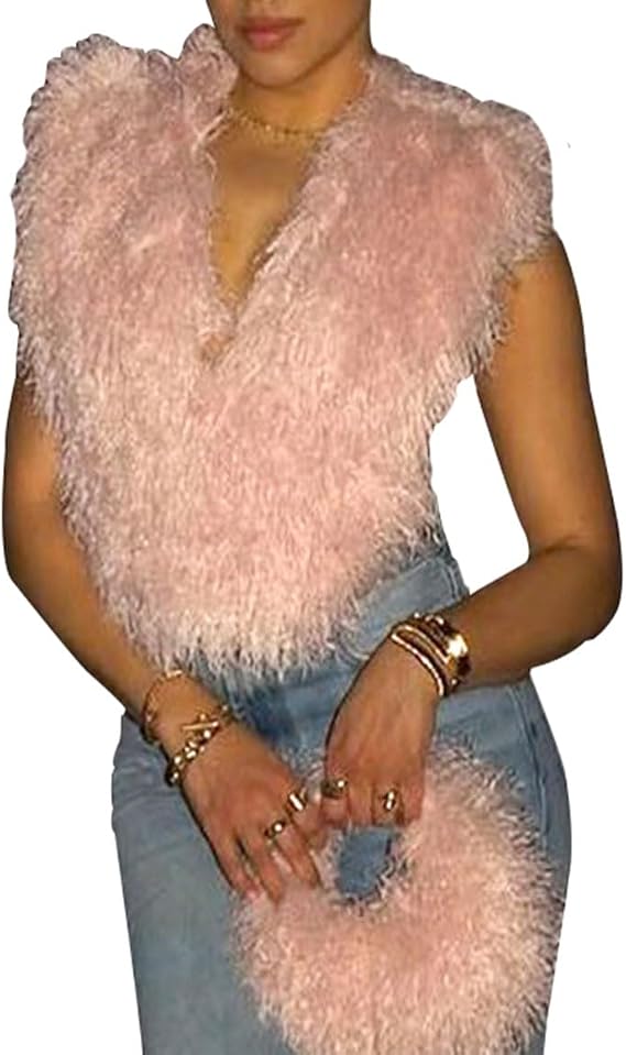 Women Strapless Tops Halter Backless Tie Lace Up Faux Fur Vest Sleeveless Feather Fuzzy Tank Shaggy Waistcoat Cape