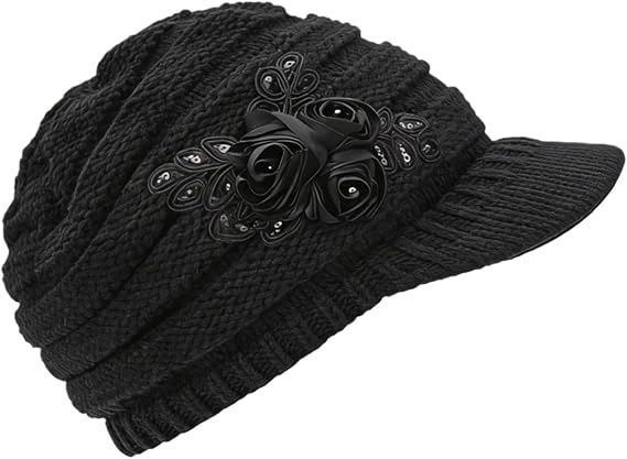 C-US Women Winter Warm Knit Hat Crochet Visor Brim Cap with Flower Accent
