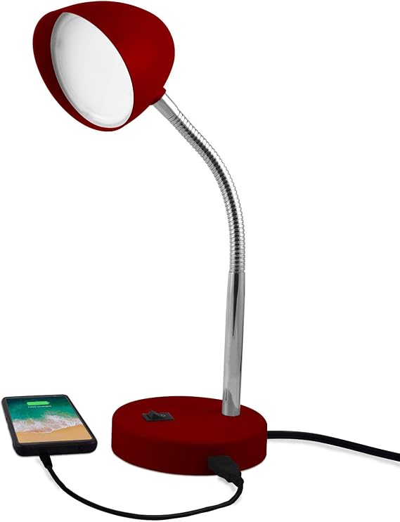 MaxLite LED Desk Lamp with USB Charging Port, Burgundy Desk Lamp, Adjustable Neck, On/Off Switch, Modern Table Lamp for Reading, Work or School, Warm Gentle Light