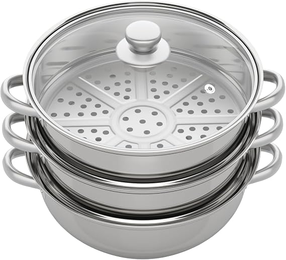 Induction Hob Steamer, 3 Tier Stainless Steel Steamer Pan, 28cm Diameter