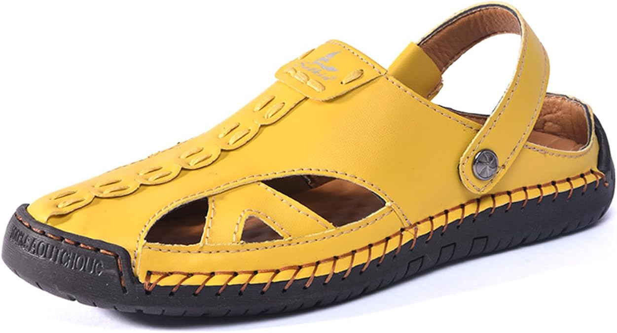 Men's Handmade Leather Fisherman Sandals - Closed Toe Slip-On Breathable Design with Non-Slip Sole Summer Outdoor Beach Shoes for Hiking & Casual 2-Way Wear