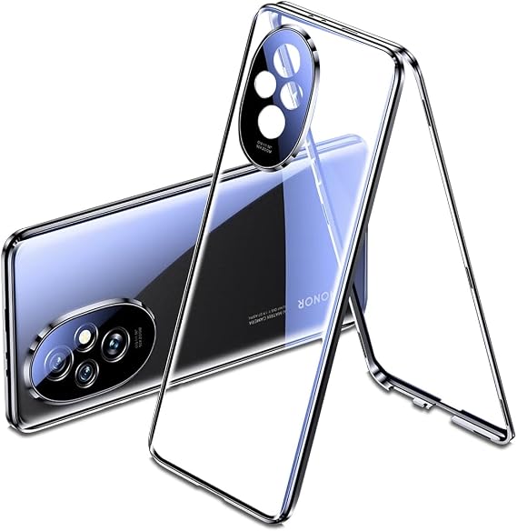 QUIETIP Case Compatible with Honor 200 Pro,Magnetic Body Metal Frame Double Sided Clear Tempered Glass Cover with Camera Protection,Black, 6.78 Inches