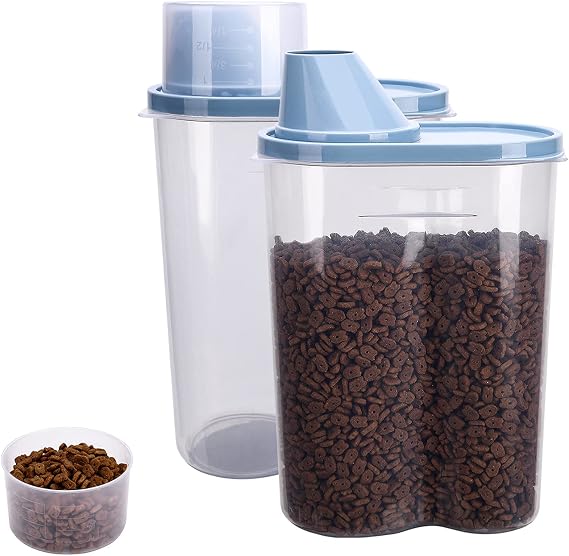 2 Pack 2lb/2.5L Pet Food Storage Container with Measuring Cup, Pour Spout for Small Dog Cat Bird Turtle, Waterproof Storage (Blue)
