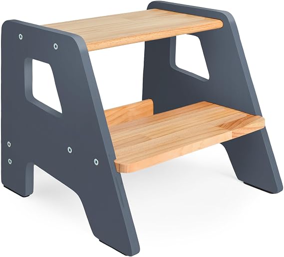 2-Step Wooden Toddler Step Stool for Bathroom Sink & Kitchen Use - Gray