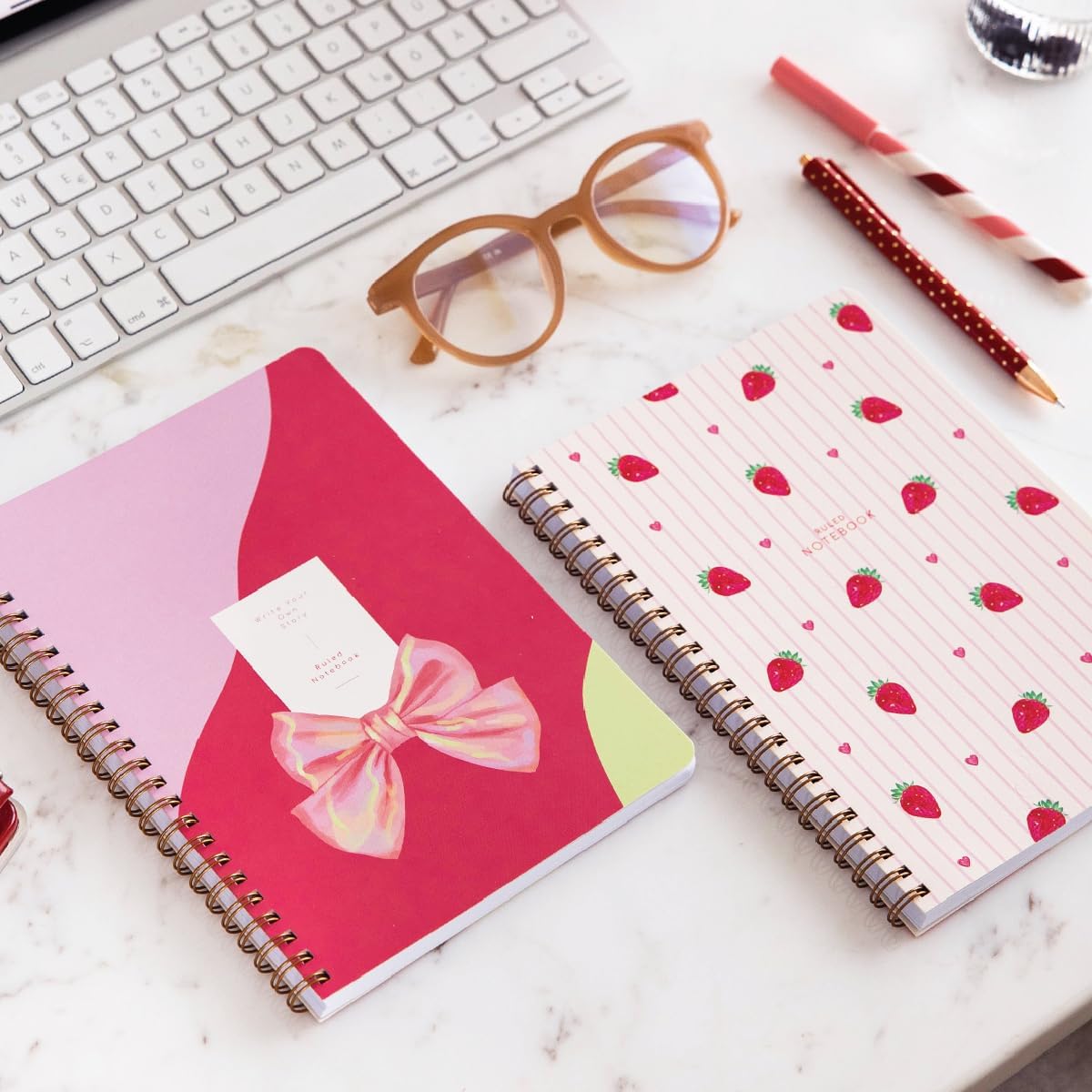 A5 Spiral Cardboard Cover 2’li Set Striped School Notebook 80 sheets, Course Scheduled Strawberry