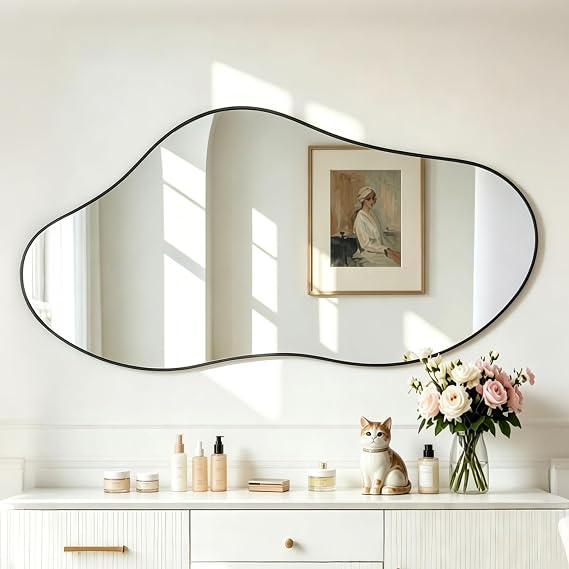 Bathroom Mirror, Full Length Mirror, Wall Art, Home Decor – Elegant Large Cloud Asymmetric Black Frame 98x45cm, Wall-Hung Dressing Mirror for Hallway, Bedroom, or Any Space