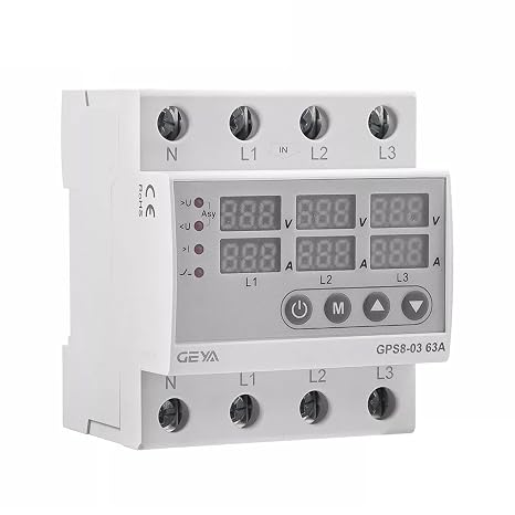 GEYA 3 Phase Over Current Protector, Over&Under Voltage Protective Device (Upper wiring-63A)