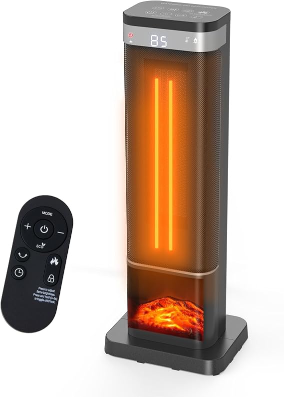 edx 24-inch Portable Space Heater with Remote Control, 3 Light Colors, 60 Oscillation, Adjustable Thermostat, Tip-over Protection (Black)