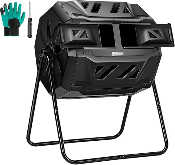 VIVOSUN Outdoor Tumbling Composter Dual Rotating Batch Compost Bin, 43 Gallon Black Door