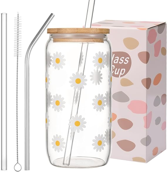 ANABIUP Cute Glass Cups with Lids and Straws, Daisy Flower Iced Coffee Smoothie Matcha Cup Tumbler Birthday Gifts for Women Sister Friend Her Preppy Teenage Girls Teen Girl Gifts Trendy Stuff Things