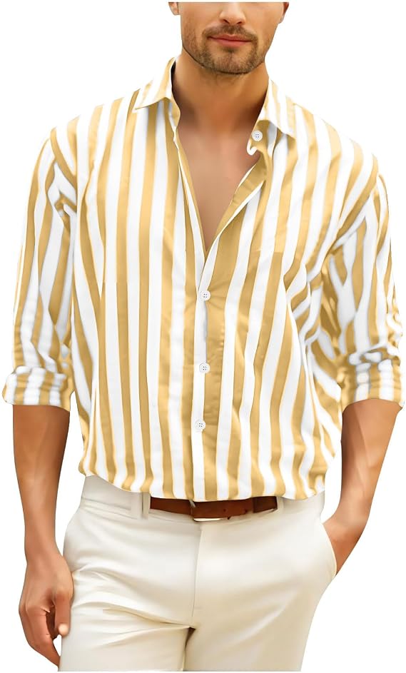 Mens Summer Cotton Linen Button Down Shirts Trendy Striped Color Block Collar Long Sleeve Business Casual Dress Shirt