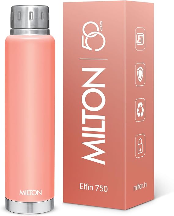 Milton Thermosteel 24 Hours Hot and Cold, Stainless Steel Water Bottle, Double Walled Vacuum Insulated Flask for Hot Coffee, 750ml, Peach | Leak-Proof | Easy Carry | Office & Travel Flask,Elfin 750 ml
