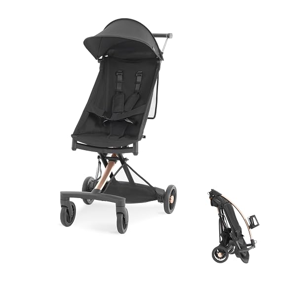 Evolur Roamer Ultra Lightweight Stroller, Compact One-Hand Self-Standing Fold Travel Stroller with 5-Point Safety Harness, Adjustable Sun Canopy, 360 Rotating Wheels with Cup Holder - Gold Black