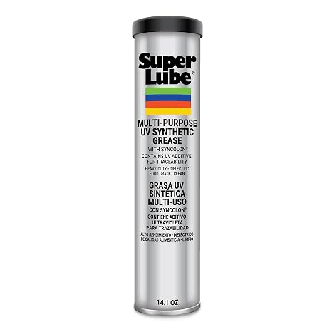 Super Lube Multi-Purpose UV Synthetic Grease w/Syncolon - NLGI 2 - High Temperature, Water & Corrosion Resistant Grease - Workshop & Industrial Use - Food Grade - Cartridge - 14.1 oz (41150/UV)