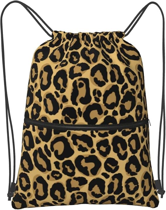 Drawstring Bag Black Leopard Yellow Drawstring Zipper Backpack Water Resistant String Bag Sports Sackpack Gym Sack With Side Pocket For Men Women