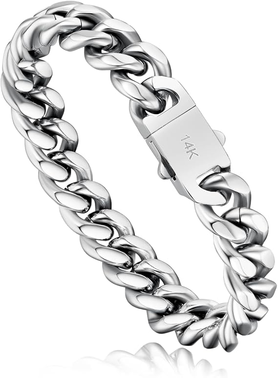 12mm マイアミキューバンリンクブレスレット 14K/ホワイトゴールドメッキ 厚手 ヘビーステンレススチール ヒップホップジュエリー 男女兼用 低刺激性 色あせ防止 7.5/8/8.5インチ