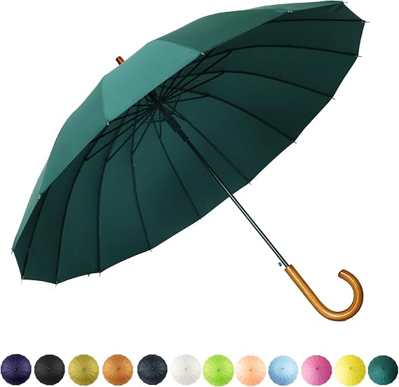 SoulRain 16 Ribs 48 inch Stick Umbrella Auto Open Solid Color Fashionable and Simple Arched Classic Wooden Handle Windproof Unbreakable Umbrella (Dark Green)