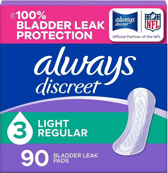 Always Discreet Adult Incontinence Pads for Women, Drier, 3 Drop Regular Length, Light Absorbency, Pads for Bladder Control Management, Bladder Leaks, Postpartum Pads, 90ct