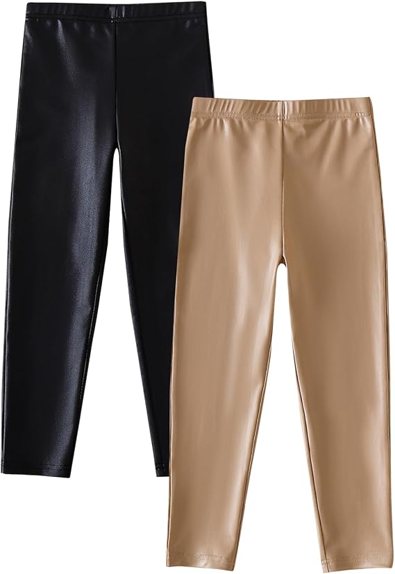 SOBOWO Girls Faux Leather Leggings 2 Pack PU Pants Fall Winter Tights 4-8Y
