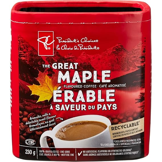 President's Choice The Great Canadian Maple Flavored Coffee, 250g/8.75 oz. Box (Medium Light Roast, Ground, Maple, 100% Arabica, Imported from Canada)