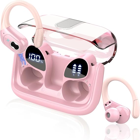 Aptkdoe Wireless Earbuds 75hrs Bluetooth 5.3 Headphone Sport, 2024 Bluetooth Earbuds Stereo Deep Bass Over Ear Bud with Earhooks, IPX7 Waterproof Earphone, ENC Noise Cancelling Mic, Coral Pink