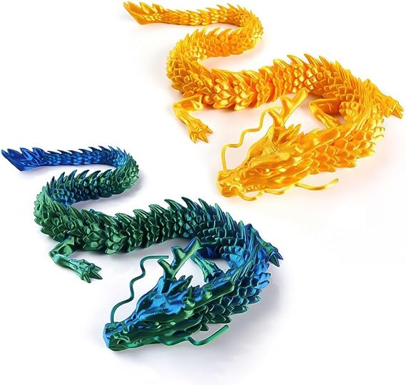 2PCS 12 Inch 3D Printed Dragon, Crystal Fidget Toys, (Gold + Blue Green)
