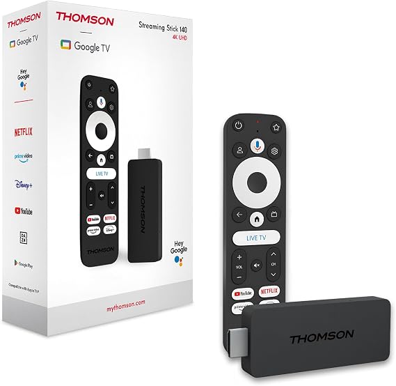 THOMSON Streaming Stick 140, Google TV, 4K UHD, Voice Control, Google Cast, Dolby Atmos, Dolby Digital Plus, Bluetooth 5.0, HDMI, HDR10, Wi Fi, 2GB RAM, 8GB Memory