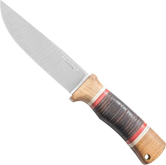 Condor Tool & Knife Country Backroads Knife - 5.5 Inch Full Flat w/ Second Bevel - 1075 High Carbon Steel - Burnt American Hickory Handle - Welted Leather Sheath - Perfect for Outdoor & Camping 10.9 oz