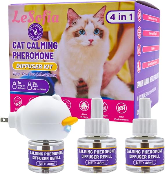 Cat Pheromones Calming Diffuser, 90-Day Cat Calming Diffuser - 1 Diffuser & 3 Refills Top Advantageous Kit Cat Calming Diffuser Helps Reduce Scratching,Peeing,Hiding Urine,Marking Aggression