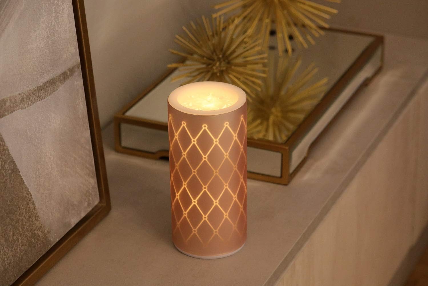 Herocreations 8”H Rechargeable Glass Spa Fountain Candle with USB Plug-in & Remote Control for Indoor Bedroom Living-Room Bathroom Home DecorPink