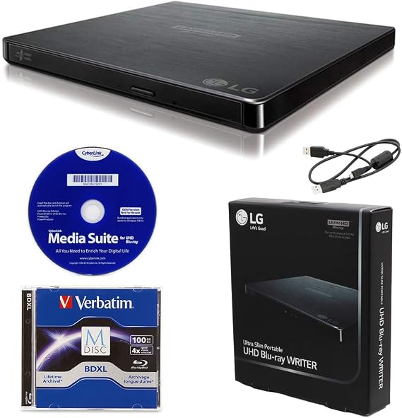 Produplicator LG BP60NB10 Portable 6X Ultra HD 4K Blu-ray Burner External Drive with CyberLink Software, 100GB M-DISC BDXL, and USB Cable - Burns CD DVD BD DL BDXL Discs