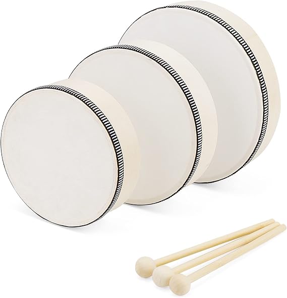 3-teilig Handtrommel Set 15cm 175cm 20cm Holz Tamburin mit Schlägel Tambourine Instrument Trommel für Musik Percussion Instrument