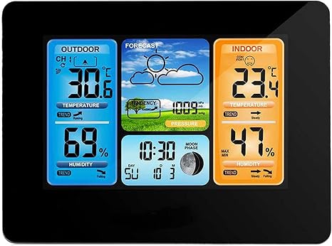 Weather Station Wireless Indoor Outdoor with Temperature Monitor, Humidity Gauge, Thermometer & Hygrometer with 1 Remote sensors, Color Large Display, Atomic Alarm Clock